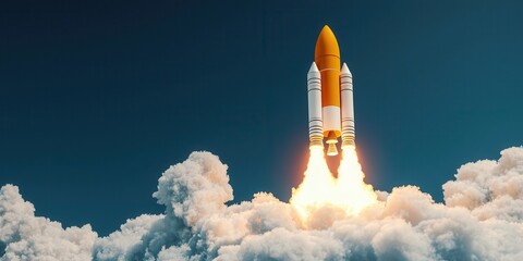 A rocket launches into the sky, surrounded by clouds and flames, symbolizing exploration and technological advancement.