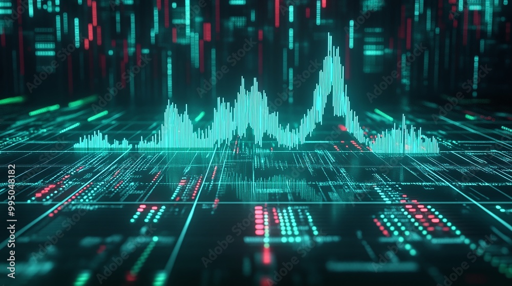Poster futuristic digital visualization with abstract data waveforms and colorful matrix elements in a mode