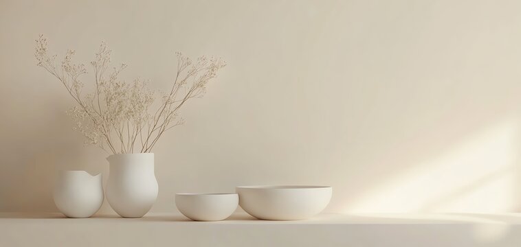 Minimalistic decor with white bowls and vases on a soft beige background.