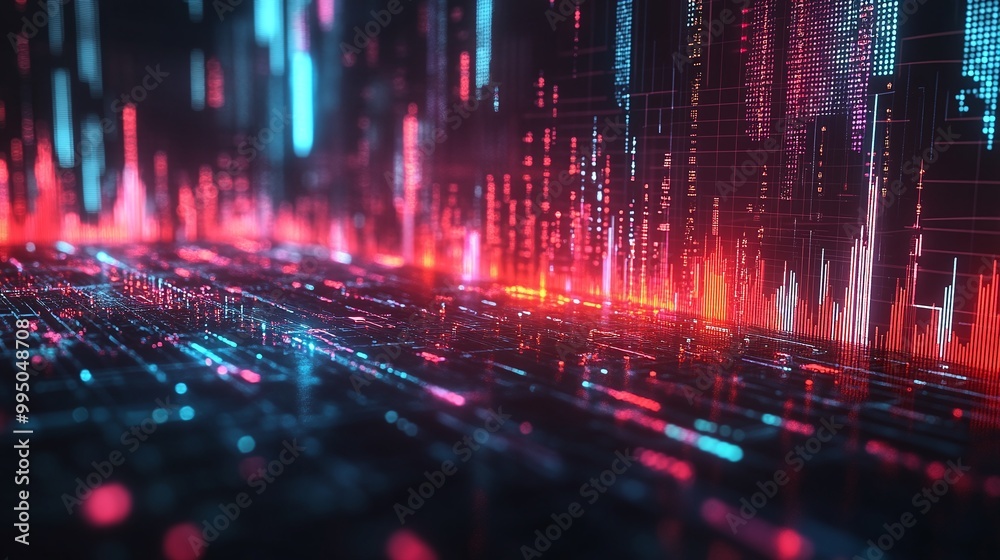 Poster futuristic network visualization with vibrant neon lines and data streams on a dark background.