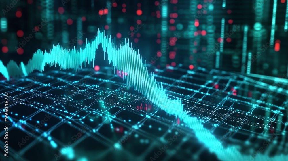 Poster futuristic sound wave graph with digital patterns and vibrant colors, representing data analysis and