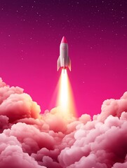 Pink rocket launching through pink clouds with a starry sky as a backdrop.  This image represents business growth, success, and a new beginning.