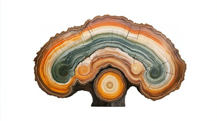 Colorful cross-section of tree trunk displaying vibrant growth rings