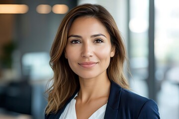 Fototapeta premium Closeup headshot face portrait of beautiful successful hispanic young business woman looking confident at camera. generative ai