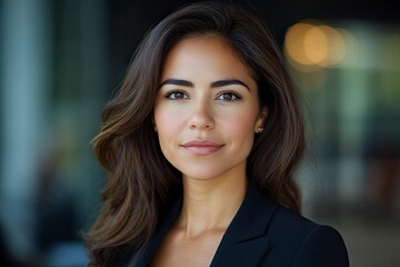 Fototapeta premium Closeup headshot face portrait of beautiful successful hispanic young business woman looking confident at camera. generative ai