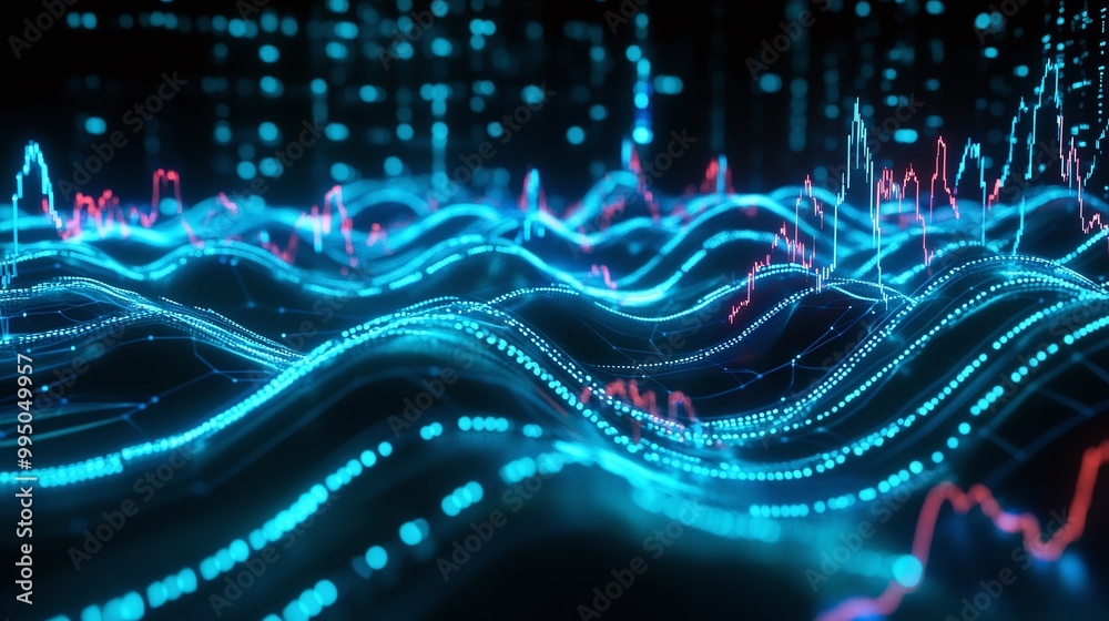 Poster vibrant data visualization with glowing waves and dynamic patterns representing digital trends and a