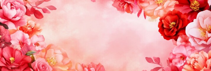 Obraz premium Soft, watercolor floral background with pink and red roses, perfect for romantic designs, wedding invitations, and love-themed projects.