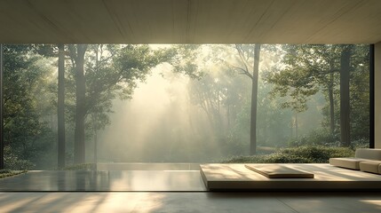 Modern interior with large windows, sunlight streaming through trees outside.