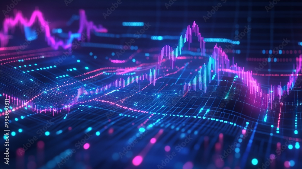 Poster vibrant digital data visualization with colorful waveforms representing modern technology trends.