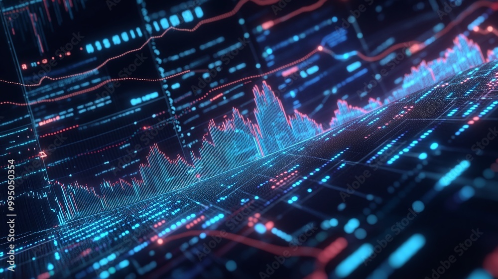 Poster vibrant digital data visualization with glowing graphs and charts on a dark background representing 