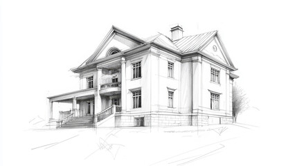 This detailed pencil sketch depicts a classic colonial home with a symmetrical facade, a large porch, and a pitched roof. The drawing showcases intricate architectural details like columns, windows, a