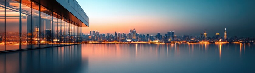 Fototapeta premium A serene skyline at dusk, showcasing a glass building beside a calm water body, reflecting city lights against a colorful sky.