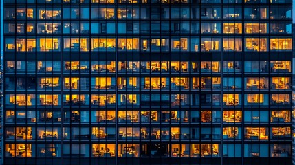Modern office building with illuminated windows at night.