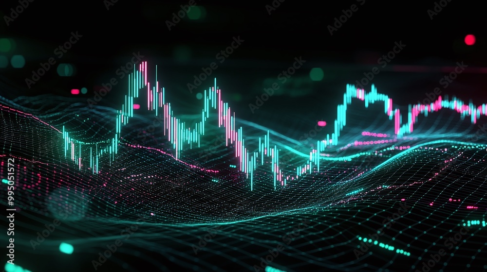 Poster vibrant financial data visualization with colorful graphs and wave patterns representing market tren