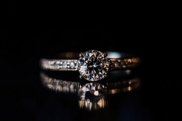 Close-up shot of a wedding ring placed against a black background, emphasizing elegance and highlighting the timeless beauty of marriage .generative ai