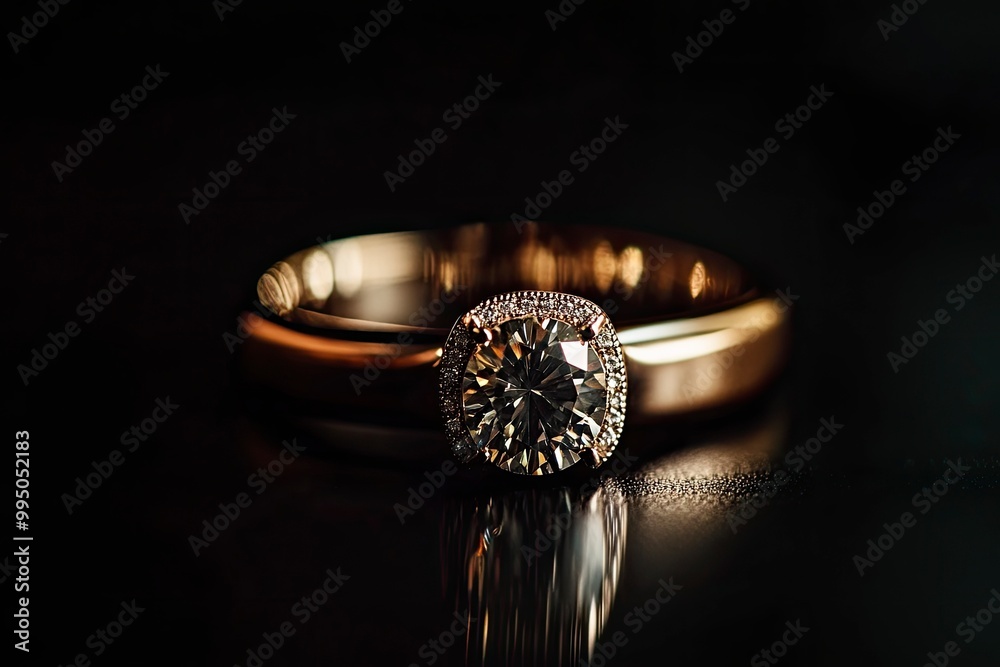 Wall mural close-up shot of a wedding ring placed against a black background, emphasizing elegance and highligh