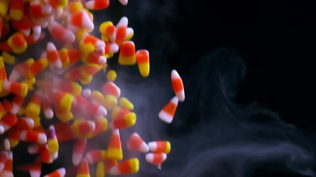 Colorful candy corn rain falling against a deep black background with swirling mist.