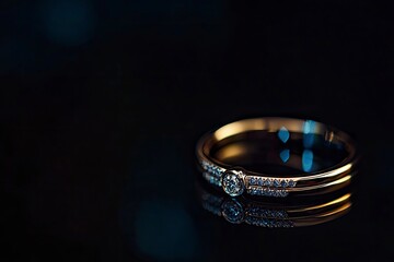 Close-up shot of a wedding ring placed against a black background, emphasizing elegance and highlighting the timeless beauty of marriage .generative ai