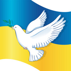 Vector white dove of peace on the background of the flag of Ukraine. Symbol of peace and freedom. Support for Ukraine. International Peace day banner card design