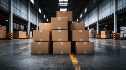 Stacked cardboard boxes in a warehouse setting.