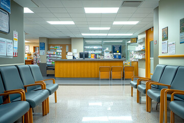 Waiting area with seats, reception, cashier counter and board interior design space in Hospital