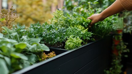 Person tending to a lush garden with various herbs and greens in pots.