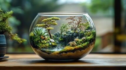 A serene miniature landscape in a glass terrarium.