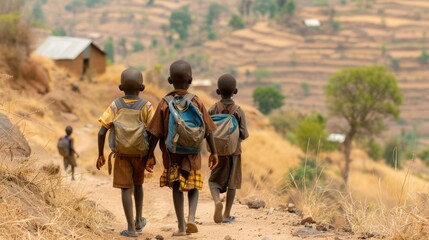 equality education volunteer service concept picture of poor African students walking along dirt path to school at Africa