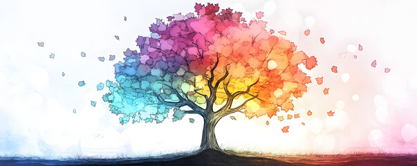 Vibrant Tree with Multi-Colored Leaves in a Glowing Landscape on white background