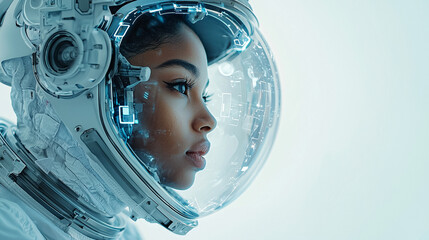 A woman in a space suit with a futuristic helmet on