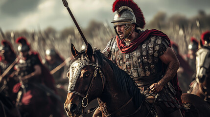 Naklejka premium “Steed of Valor: Roman Warrior in Ornate Battle Gear”