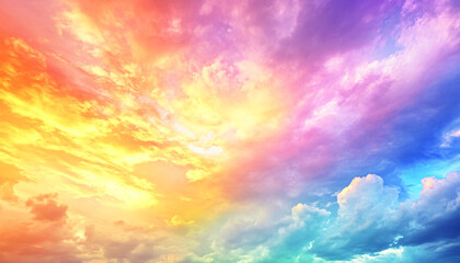 Obraz premium A dreamy sky transitioning from a golden sunset to a full spectrum of rainbow colors, giving off a vibrant yet calming feel