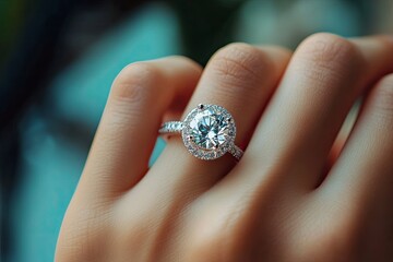 Elegant Woman's Ring Finger Wearing Luxurious Diamond Jewelry suitable for business background, posters, wallpapers, banners, greeting cards, generative ai