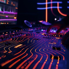 DJ mixing music on professional audio mixing desk in nightclub, closeup