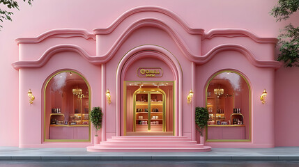Pink Building with Arched Windows and Gold Accents,  Charming Shop Entrance Design