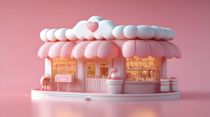 Charming Pink Store Building with White Awnings and Heart Detail