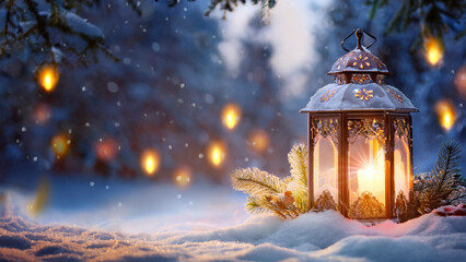Lantern on the background of the winter forest. Christmas background.