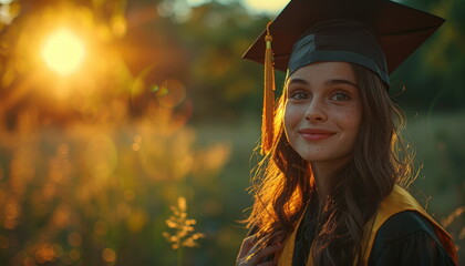 Happy Graduate in Cap and Gown at Sunset