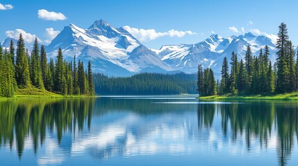 Serene lake reflecting snow-capped mountains and lush forests under a clear blue sky.
