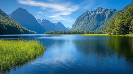 Naklejka premium Serene lake surrounded by majestic mountains and lush greenery under a clear blue sky.