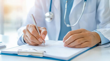 A close up of healthcare professional taking detailed notes with pen on clipboard, showcasing importance of documentation in medical practice