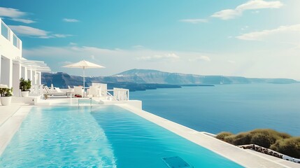 Swimming pool on terrace of luxury house, Santorini island, Greece