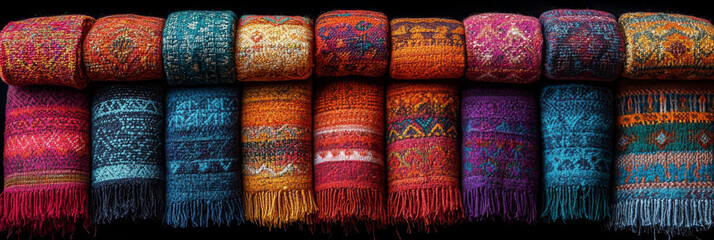 Colorful woven blankets with intricate patterns.