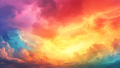 Obraz premium A dreamy sky transitioning from a golden sunset to a full spectrum of rainbow colors, giving off a vibrant yet calming feel