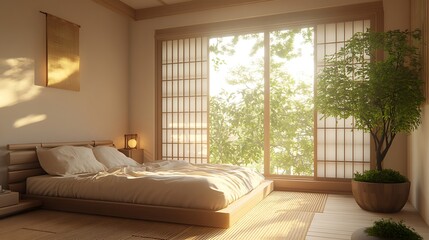 Serene bedroom with natural light and plants.