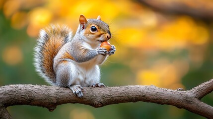 Obraz premium Squirrel sitting on a branch, holding an acorn, vibrant autumn foliage in background.