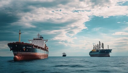 Three cargo ships sail across a tranquil sea under a dramatic sky, showcasing the beauty of maritime trade and transportation.