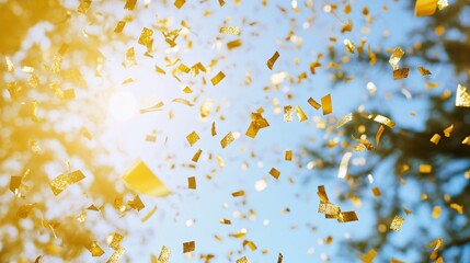 Shimmering gold confetti falling against a vibrant blue sky, illuminated by bright sunlight, creating a festive atmosphere.