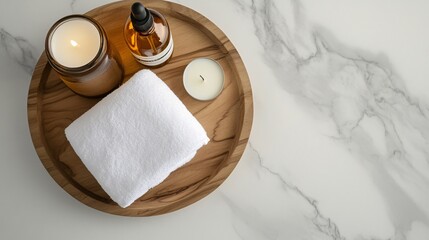 Relaxing spa setup with candles, a towel, and essential oil on a wooden tray, perfect for self-care and wellness moments.