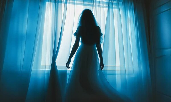 Silhouette in bedroom window at night